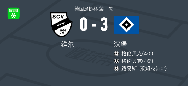 汉堡3-0大胜维尔,格伦贝克两球,路易斯-莱姆克传射