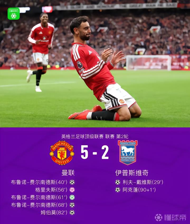 曼联5-2战胜伊普斯维奇,B费上演帽子戏法,姆伯莫破门,库尼亚制造点球